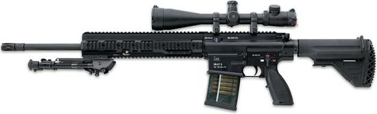HK417 (вариант Sniper) со стволом длиной 508 мм с установленными оптическим прицелом и сошками