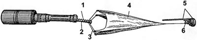 РКГ-3 во время полета: 1 - пружина стабилизатора; 2 - подвижная трубка; 3 - проволочные перья; 4 - матерчатый конус; 5 - откидной колпак с планкой; 6 - пружина колпака.