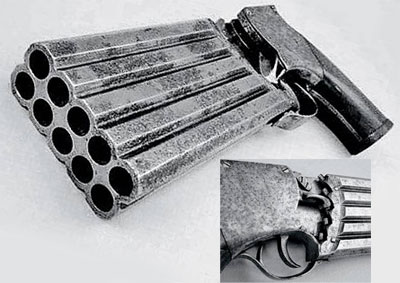 Пистолет конструкции Джонса, США, 1860 год Калибр – 0.36. Каждый «столбец» стволов имел свою собачку, которая «сощелкивалась» на одно деление вниз после каждого выстрела. Пистолет стрелял поочередно в Z-образной последовательности: первый правый ствол – первый левый – второй правый – второй левый – и т.д. В прошлом году один из экземпляров пеппербокса Джонса был продан на аукционе за $9000