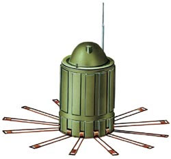 Противоднищевая мина АТ-2 (DM1233), Германия. Корпус металлический, масса мины - 2,3 кг, заряда ВВ - 0,8 кг. Установка минным заградителем, НУР систем залпового огня