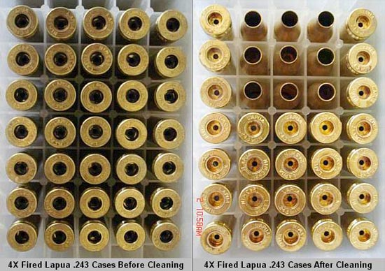 Четырежды переснаряженные гильзы Lapua калибра .243 до (слева) и после (справа) чистки.