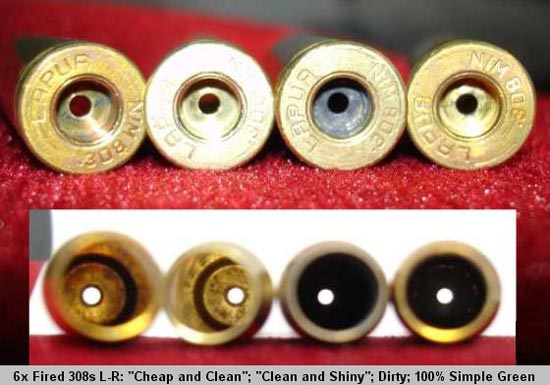 Шестикратно отстрелянные гильзы калибра .308, слева направо: Дёшево и Чисто, Чисто Аж Блестит, грязные, 100% Simple Green.