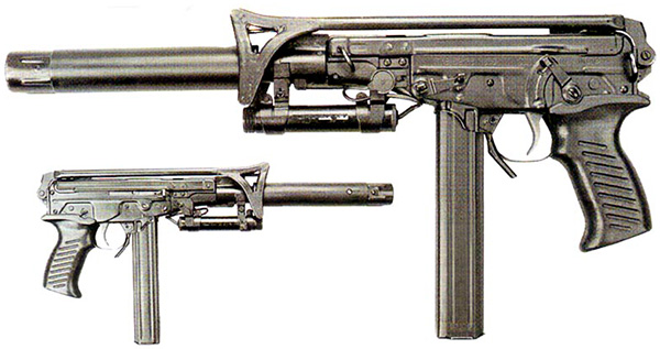 Общий вид пистолета-пулемета «Кипарис» со сложенным прикладом, подствольным ЛЦУ, и глушителем