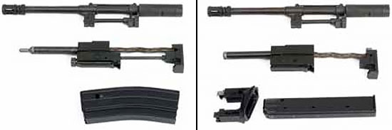 Конверсионные комплекты под патроны 5.56х45 мм (слева) и 9х19 мм (справа)