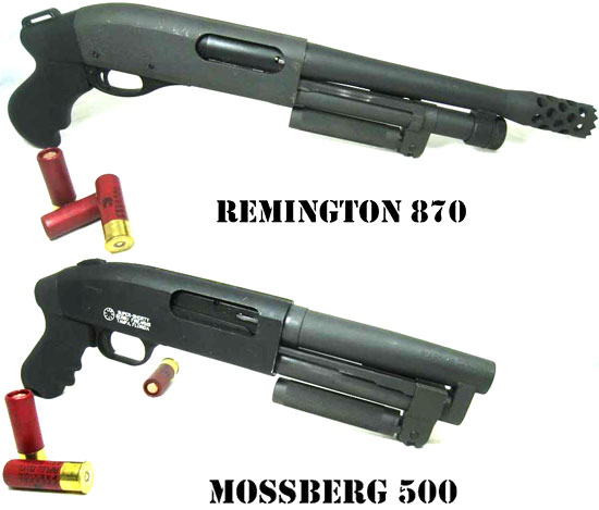 Serbu SUPER-SHORTY созданный на базе Remington 870, с магазином на 3 патрона и дульной насадкой для вышибания дверных замков (сверху) и созданный на базе Mossberg 500, с магазином на 2 патрона (снизу)