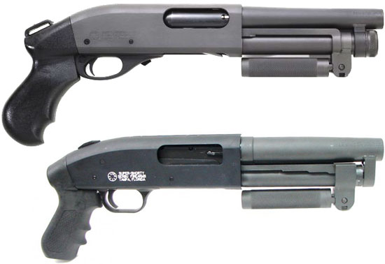 Serbu SUPER-SHORTY с магазином на 2 патрона (передняя рукоятка сложена) созданный на базе Remington 870 (сверху) и на базе Mossberg 500 (снизу)