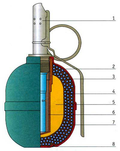 RGO-88 устройство гранаты: 1 - взрыватель (UZRGM); 2 - верхняя часть корпуса; 3 - шарики; 4 - пластмасса; 5 - взрывчатое вещество; 6 - втулка; 7 - нижняя часть корпуса; 8 - донышко