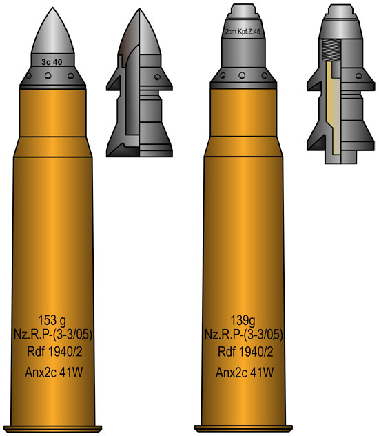 28/20x188 с бронебойным (слева) и осколочным (справа) снарядом