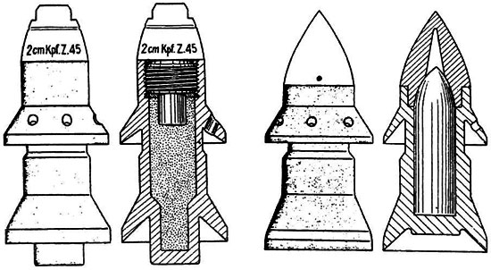 Общий вид и вид в разрезе осколочного (слева) и бронебойного (справа) снарядов
