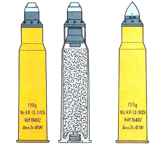 28/20x188 с осколочным (слева) и бронебойным (справа) снарядом