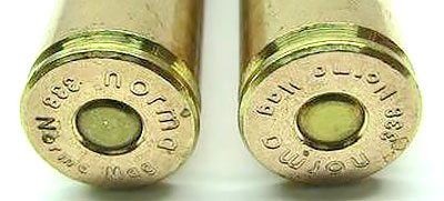 Клеймо фирмы-производителя с указанием калибра пули на дне гильзы патрона .338 Norma Magnum