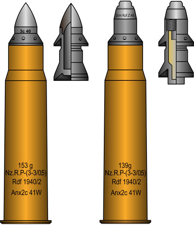Боеприпасы к 2,8 cm schwere Panzerbüchse 41: 1. Бронебойный подкалиберный снаряд (слева) 2. Осколочный снаряд (справа)