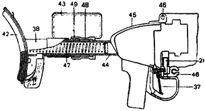 Приклад противотанкового ружья РЕС: 21 - спусковая защелка; 37 - спусковой крючок; 38 - наружная труба; 42 - плечевой упор; 43 - упор щеки; 44 - внутренняя труба; 45 - скос для отражения гильзы; 46 - приспособление для соединения; 47 - пружина; 48 - муфта; 49 - кольцо крепления