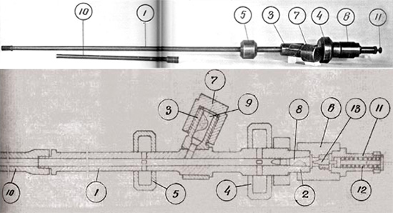 Общий вид и схема двухкамерного баллистического ствола: 1 – ствол, 2 – основная зарядная камора, 3– дополнительная зарядная камора, 4 – первая расширительная (выхлопная) камора, 5 – вторая расширительная (выхлопная) камора, 6 – затвор-гайка для основной зарядной каморы, 7 – гайка для дополнительной зарядной каморы, 8 – основной патрон. 9 – дополнительный патрон (холостой), 10 – ствольная надставка (с гладкими стенками канала), 11 – ударник, 12 – пружина ударника, 13 – боек