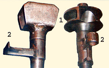 Рис. 7. Дульные тормоза (1) и пушки (2) ПТРД (слева) и ПТРС (справа)
