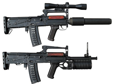 9-мм/40-мм индивидуальное штурмовое оружие ОЦ-14–4 А (снизу), включающее автомат и подствольный гранатомет и ОЦ-14–4 А-03(сверху) – штурмовой автомат с прибором для беззвучно-беспламенной стрельбы и оптическим прицелом