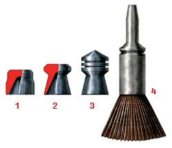 Различные типы пуль, используемые в пневматическом оружии: 1 - свинцовая пуля для начинающих стрелков «дьабло», 2 - пуля типа ДЦМ, 3 - пуля типа «Силвер Джет», 4 - стальная «стрелка» со стабилизатором