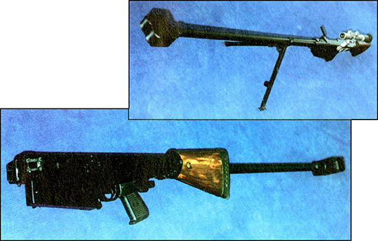 Крупнокалиберная снайперская винтовка В-94 (разработка КБП). Самозарядная работа, эффективный дульный тормоз, амортизирующий затыльник. Складная конструкция обеспечивает удобство транспортировки