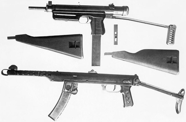 7,62-мм чехословацкий пистолет-пулемёт (вверху) и ППС-43. «Чех» мог комплектоваться складным металлическим или с двумя вариантами постоянных деревянных прикладов. При смене ствола и магазина под патрон 9х19 для надёжного крепления магазина в рукоятке использовался металлический вкладыш