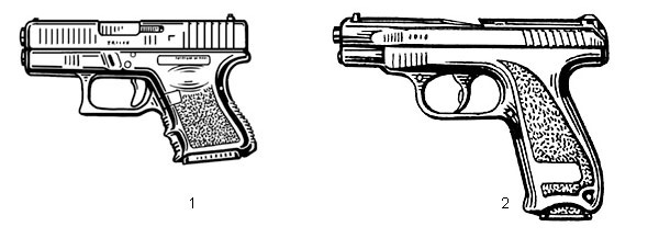 1. Малогабаритный 9-мм «Глок-26» (Австрия) вполне пригоден для скрытого ношения — в качестве вооружения «полицейского в штатском». Патрон — 9×19, масса без патронов — 0,6 кг, длина — 160 мм, емкость магазина — 10 или 12 патронов; 2. Компактный пистолет ГШ-18 (Россия). Патрон — 9×19, масса без патронов — 0,59 кг, длина — 184 мм, начальная скорость пули — 530 м/с, емкость магазина — 18 патронов