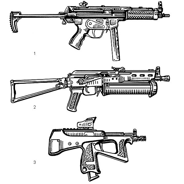 1. Пистолет-пулемет MP5A3 (ФРГ). Патрон — 9×19, начальная скорость пули — 400 м/с, емкость магазина — 15 или 30 патронов; 2. Пистолет-пулемет ПП-19-2 «Бизон-2» (Россия). Патрон — 9×18, начальная скорость пули — 340 м/с, емкость магазина — 64 патрона; 3. Малогабаритный пистолет-пулемет ПП-2000 (Россия). Патрон — 9×19, начальная скорость пули — 450 м/с (патрон 7Н21), емкость магазина — 20 патронов