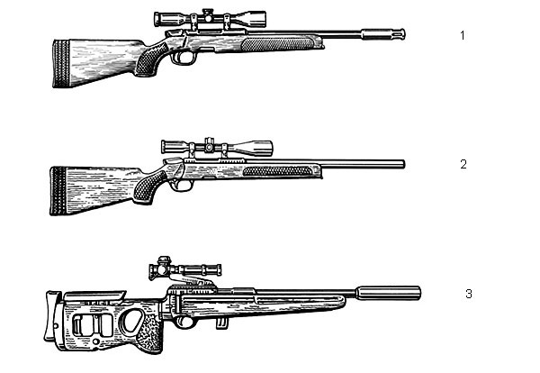 1. Снайперская винтовка «Штайр» SSG PIV (Австрия) с укороченным стволом и соответственно усиленным пламегасителем. Патрон — 7,62×51, масса без патронов — 3,8 кг, длина — 1003 мм, емкость магазина — 5 патронов; 2. Снайперская винтовка «Штайр» SSG (Австрия). Патрон — 7,62×51, масса без патронов — 4,6 кг, длина — 1140 мм, начальная скорость пули — 860 м/с, емкость магазина — 5 патронов; 3. 5,6-мм снайперская винтовка СВ-99 (Россия). Патрон — 22LR, масса без патронов — 3,75 кг, длина с прикладом и глушителем — 1000 мм, с рукояткой и глушителем — 720 мм, емкость магазина — 5 или 10 патронов