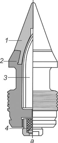 Схема подкалиберного бронебойного снаряда: 1 – баллистический наконечник; 2 – поддон; 3 – бронебойный сердечник; 4 – трассер
