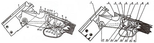 Схема ударно-спускового механизма ружья МЦ8 с одним (вверху) и двумя спусковыми крючками: 1 - стволы с муфтой, соединяющей стволы в казенной части; 2 - поперечный болт (штифт) верхнего привода запирания стволов; 3 - взводитель (толкатель) курка; 4 - рычаг (ключ) привода запирающего механизма; 5 -коромысло (поперечина) взводящего механизма; 6 - тяга, действующая на запирающее (предохранительное) устройство ударно-спускового механизма; 7 - курок (левый); 8 - кнопка предохранителя; 9 - предохранитель, запирающий спусковые рычаги; 10 - боевая пружина, двуперая вилкообразная; 11 - пружина спускового механизма четырехпалая, действующая на спусковые крючки и спусковые рычаги; 12 - задний спусковой крючок; 13 - передний спусковой крючок; 14 - спусковой рычаг с шепталом левого курка; 15 - клиновидная рамка запирания; 16 - толкатель левый; 17 - ось шарнира, на которой качаются стволы при открывании