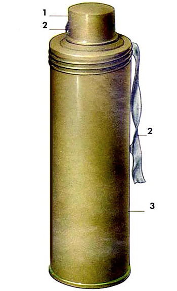 Английская фугасная ПТ граната №73 (AT): 1 – предохранительный колпачок; 2 – липкая тесьма; 3 – корпус