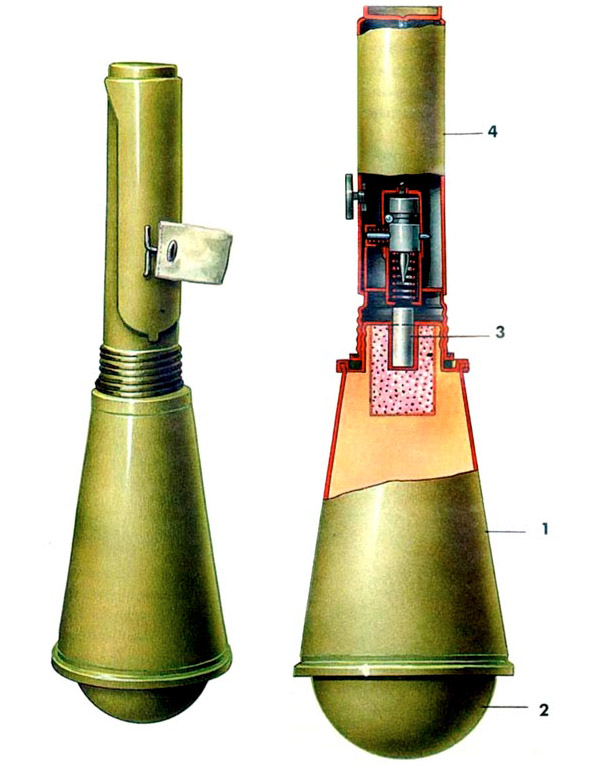 Советская кумулятивная ПТ граната РПГ-6, внешний вид и разрез: 1 – корпус; 2 – дно корпуса; 3 – запал; 4 – рукоятка