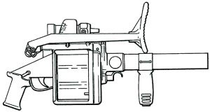 40-мм ручной гранатомет ARMSCOR MGL 6 (в походном положении). ЮАР