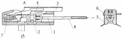 Схема ударного механизма РПГ-26 «Аглень»: 1 - механизм ударный, 2 - корпус, 3 - стойка, 4 - шептало, 5 - хомут, 6 - ось взводителя, 7 - упор, 8 - боёк