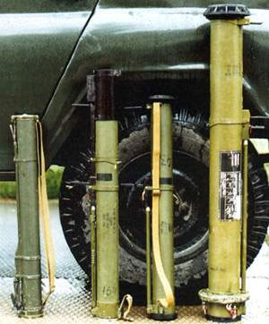 Реактивные противотанковые гранаты (слева направо): РПГ-18 «Муха», РПГ-22 «Нетто», РПГ-26 «Аглень», РПГ-27 «Таволга»