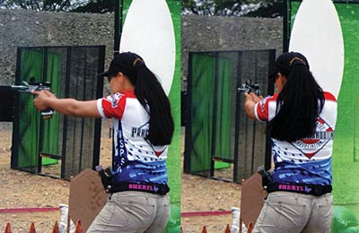 Спортсменка переносит оружие с мишени на мишень, оставляя верхнюю часть корпуса неизменной. Чемпионат мира, Эквадор, 2005 г.