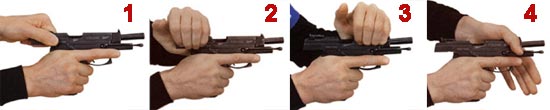 Досылание патрона в патронник: 1 - первым способом; 2 - вторым способом; 3 - третьим способом; 4 - четвертым способом.