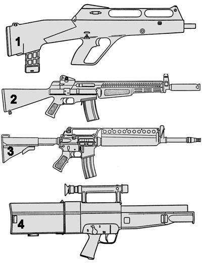 Образцы оружия ACR, проходившие испытания в Форт-Беннинге в 1989 г: 1 - Образец фирмы Steyr Manlicher; 2 - Образец фирмы AAI (ХМ19/ХМ70); 3 - Образец фирмы Colt на базе М16А2; 4 - Винтовка G11 фирмы «Хеклер унд Кох».