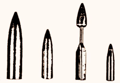 Вариант СПЭЛ (третий слева) в сравнении с обычными пулями. Вес стрелы 1 гран