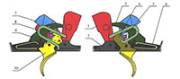 1. Механизм ТОЗ-57-1С: 1 - курок, 2-личинка, 3 - шептало, 4 - спусковой рычаг (левый), 5 - переводчик, 6 - пружина шептала, 7 - инерционный разобщитель, 8 - пружина боевая, 9 - пружина переводчика, 10 - спусковой крючок (правый)