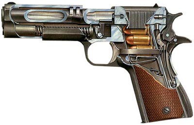 Разрез пистолета Кольт М 1911 А1, где отделяющийся при разборке ствол крепится к рамке с помощью серьги