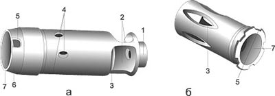 1. а — дульный тормоз-компенсатор автомата АК-74 б — пламегаситель ручного пулемета РПК-74: 1. Венчик. 2. Окна. 3. Щель. 4. Компенсационные отверстия. 5. Выем для фиксатора. 6. Скос. 7. Внутренняя резьба