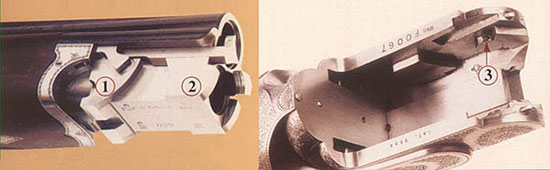 Ствольный блок и затворная коробка бокфлинта Босса образца 1909 г. 1 - боковой крюк (аналог переднего подствольного крюка), 2 - аналог заднего подствольного крюка, 3 - паз во вращающейся втулке.