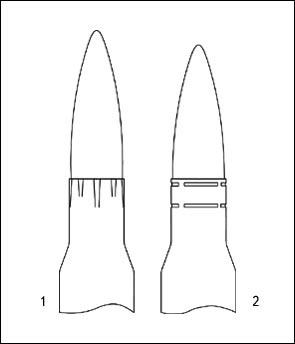Схема крепления пули в патронах, производившихся Подольским (1) и Тульским (2) патронными заводами