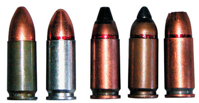 9 х19 пистолетные патроны (слева — направо): 9 х19.000 Ульяновского механического завода; 9 х19 ПСО Тульского патронного завода; 7 Н21; ПБП (7 Н31); патрон с пулей пониженной рикошетирующей способностью со свинцовым сердечником