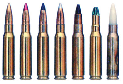 7,62х51 винтовочные патроны НАТО польского производства (слева направо): с обычной пулей; с трассирующей пулей «Т»; с бронебойной пулей «АР»; с бронебойно-зажигательной пулей «API»; с пулей уменьшенного пробивного действия (малорикошетной) «OR»; холостой; учебный