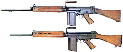 7,62-мм НАТО автоматические винтовки: снизу – FN FAL бельгийского производства, сверху – ее английский вариант L1A1