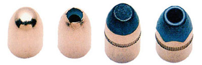Пули разных конструкций к 9 х19 пистолетным патронам «Парабеллум»: 1. обычная оболочечная пуля FMJ; 2. оболочечная пуля с пустотой в головной части НР; 3. полуоболочечная пуля; 4. полуоболочечная пуля с пустотой в головной части