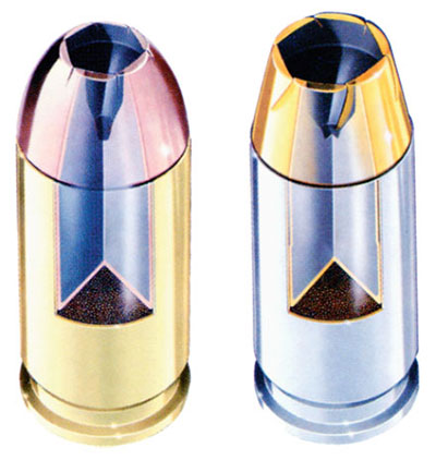 Схема американских пистолетных патронов 9-мм «Люгер» (в разрезе): слева — 9 х19 пистолетный патрон с экспансивной пулей Desintegrator с латунной гильзой, изготовленный фирмой Remington; справа — 9 х19 пистолетный патрон с полуоболочечной пулей с пустотой в головной части Gold Sabre Hollow-Point с латунной никелированной гильзой, изготовленный фирмой Remington