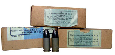 9х19 германские пистолетные патроны «Парабеллум» 08 m.E с картонными упаковками для патронов