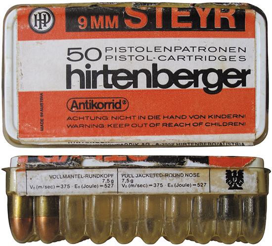 Упаковка австрийских 9 mm Steyr, изготовленных в 1980-х годах австрийской фабрикой Hirtenberger AG