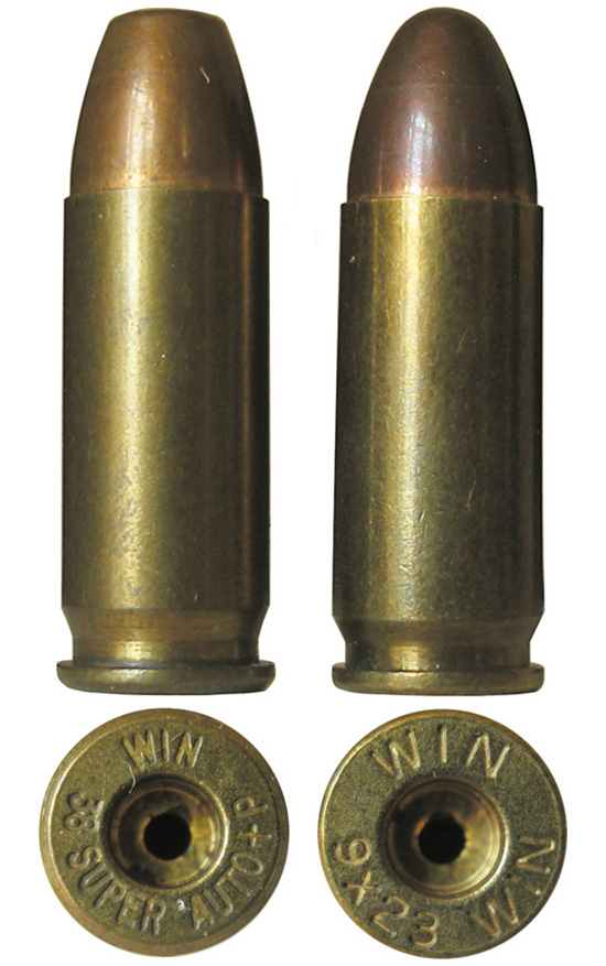 Патрон 9х23 Winchester (справа) в сравнении с полуфланцевым патроном .38 Super Auto (слева)